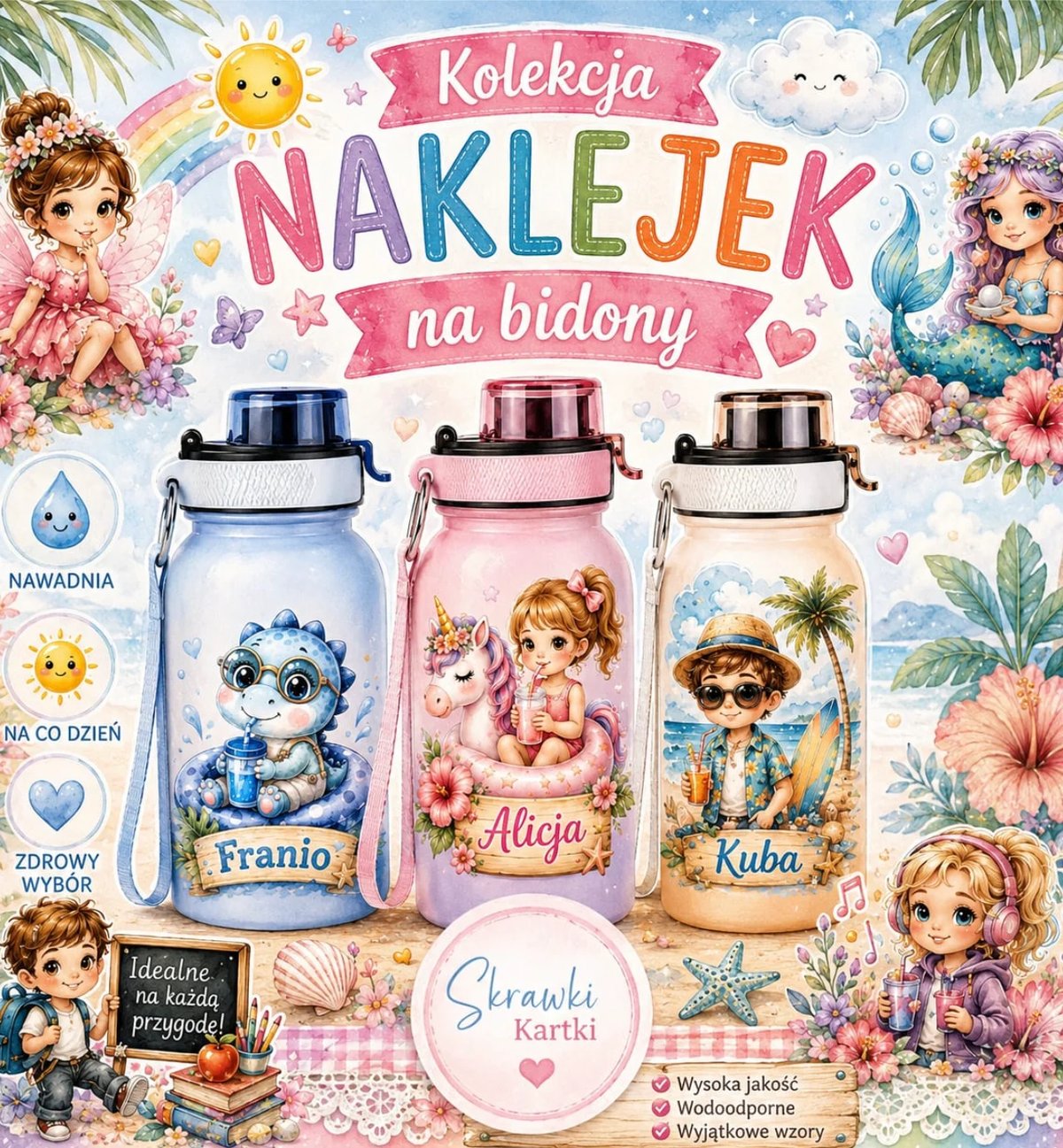 Polish childrens sticker collection for water bottles featuring three decorated bottles with cute character designs and whimsical illustrations