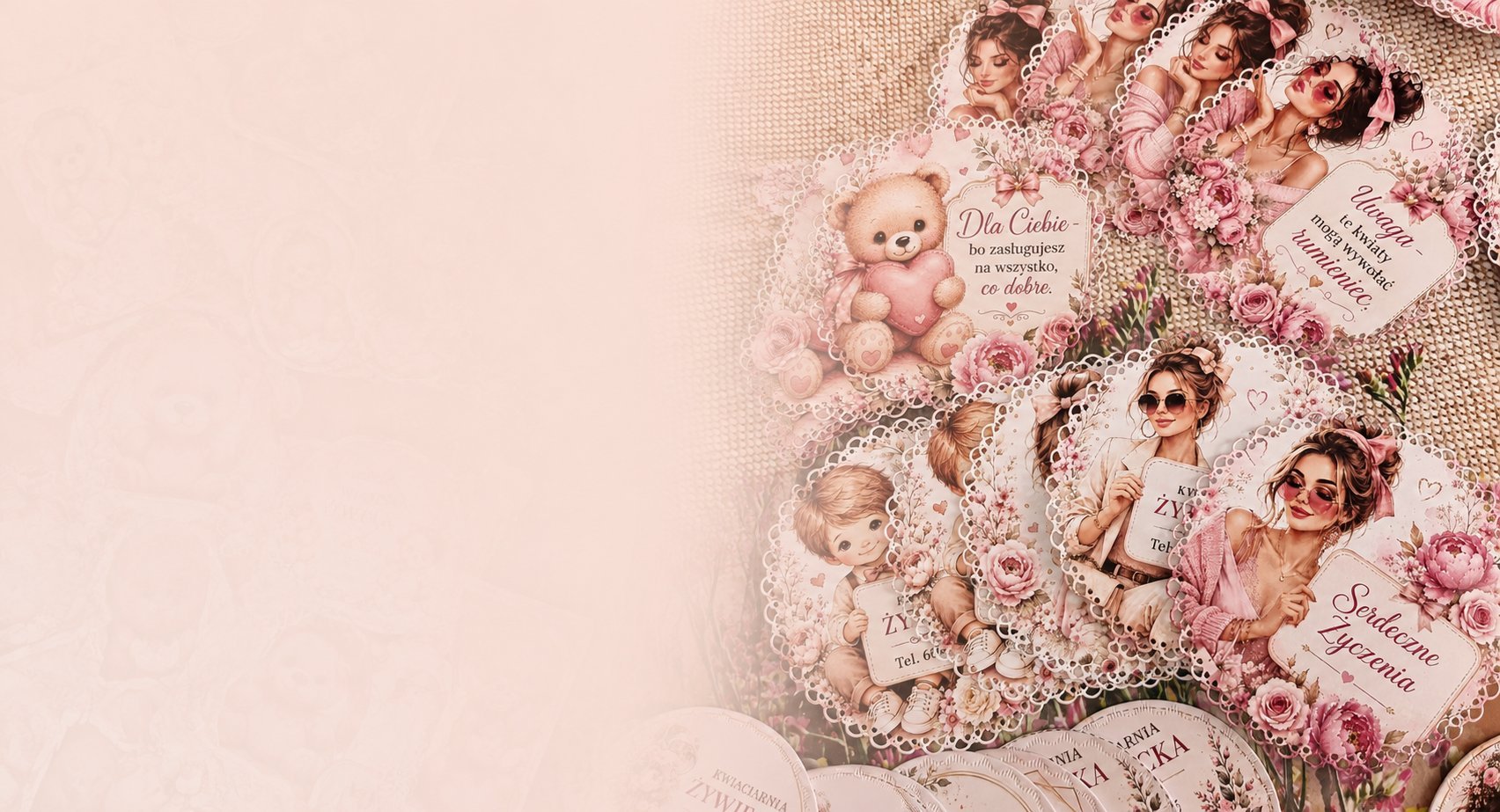 Flat lay of pink aesthetic items including photos, teddy bear, flowers, and decorative elements on blush background