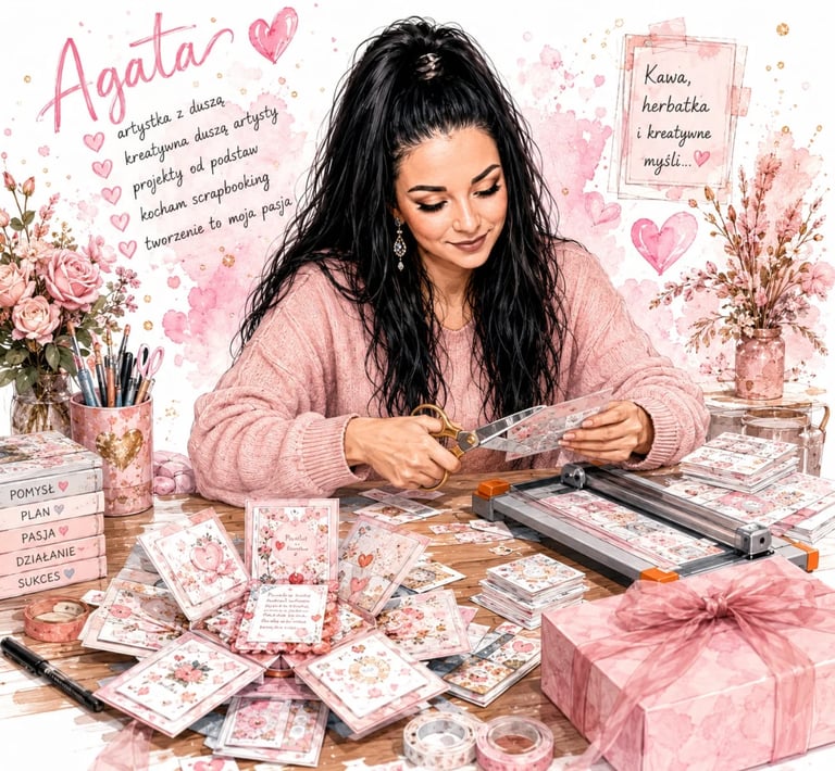 Woman with dark hair in pink cardigan working on decorated paper crafts and cards at a desk with flowers and art supplies