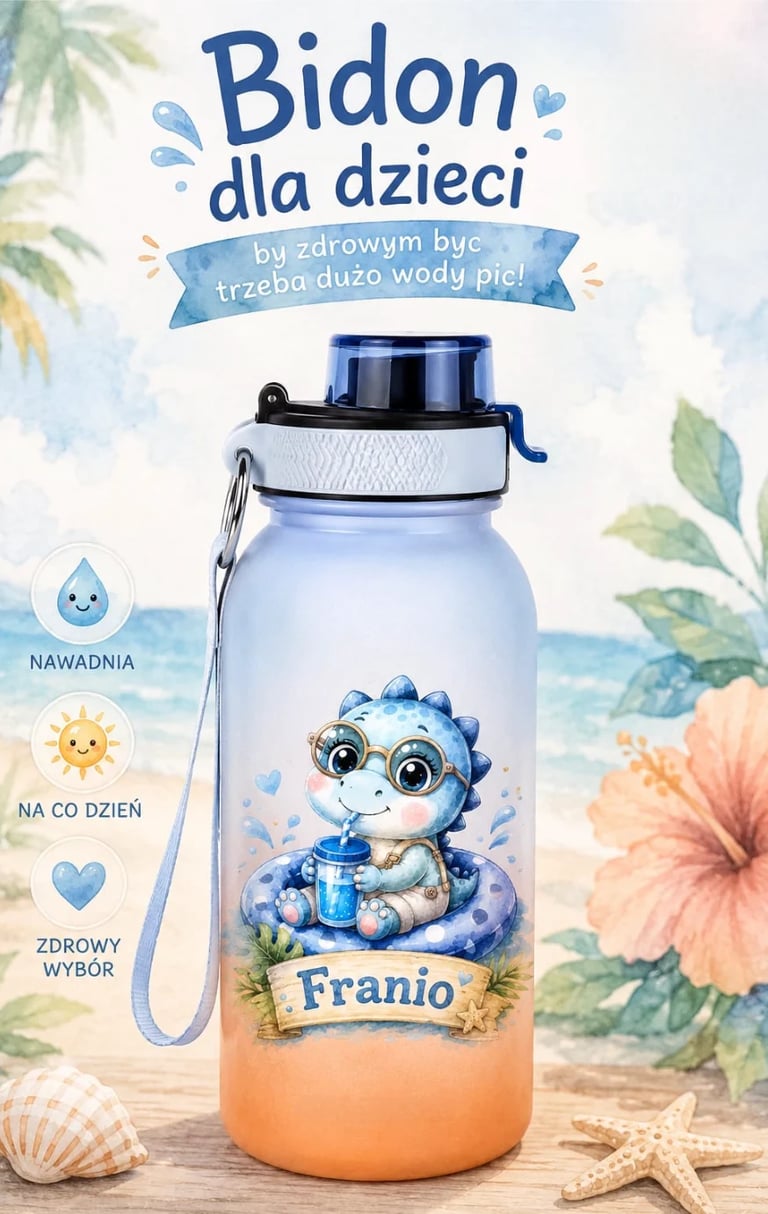 Childrens water bottle with blue character Franio design, featuring hydration reminders and beach-themed background