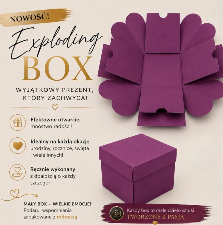 Purple exploding gift box with flower-shaped petals unfolding, promotional image with Polish text describing it as an ideal present for birthdays and celebrations