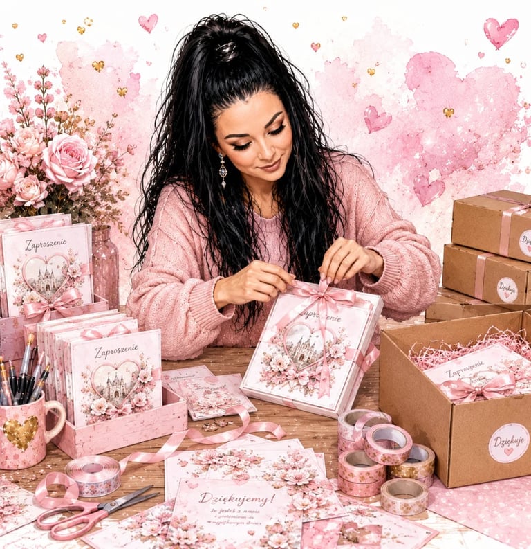 Woman with black hair in pink cardigan packaging floral products at table with flowers, boxes, and pink heart backdrop