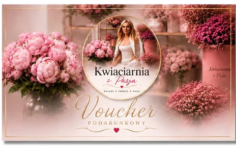 Floral gift voucher for Kwiaciarnia Róża flower shop featuring pink peonies and babys breath flowers with elegant branding