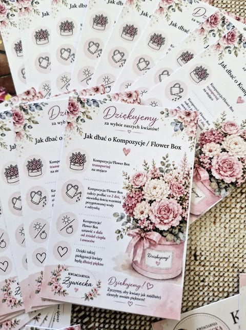 Polish thank you cards with flower box designs and decorative stickers on floral patterned background