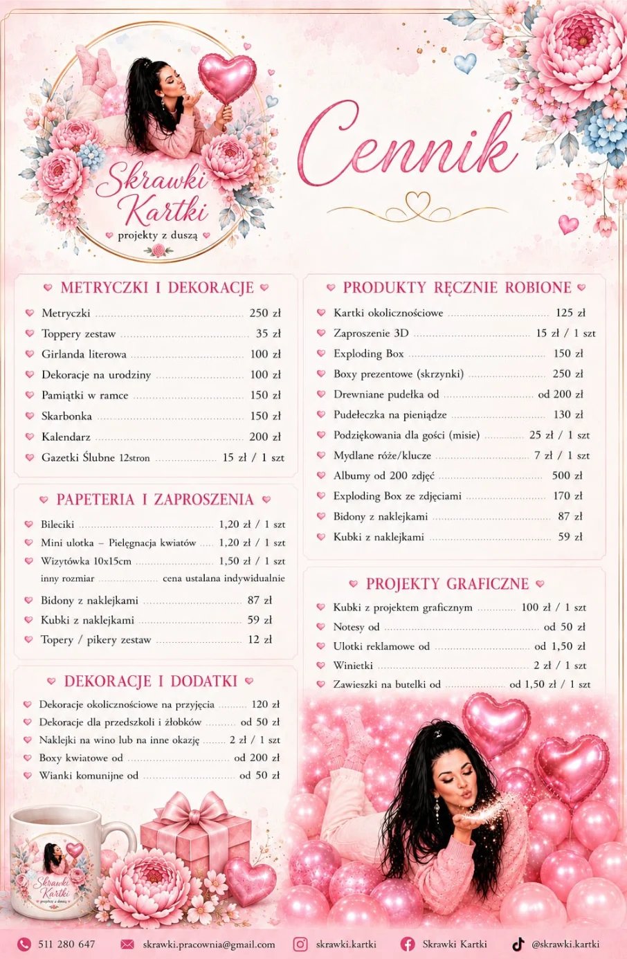 Cennik Skrawki Kartki — pełna lista cen wszystkich produktów z podziałem na kategorie: papeteria i zaproszenia, produkty ręcznie robione, dekoracje i dodatki, metryczki i dekoracje, projekty graficzne