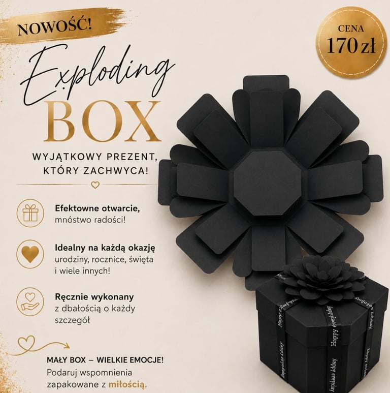 Exploding gift box product advertisement in Polish with price tag 170 zł, featuring black decorative box with memories cards