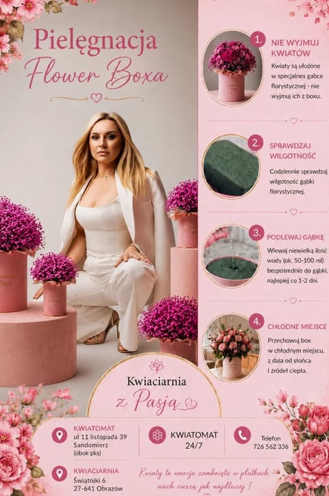 Polish flower care guide poster with woman in white outfit surrounded by pink flowers and four care instruction steps