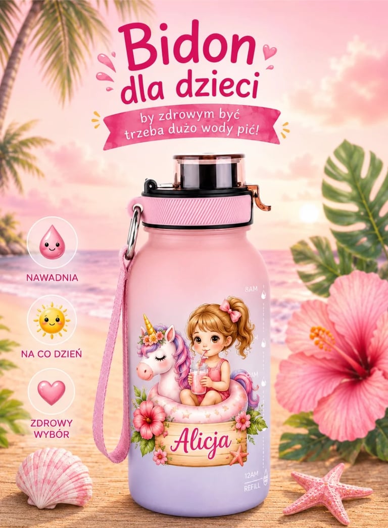 Pink childrens water bottle with illustration of a girl named Alicja, surrounded by flowers and tropical leaves, with Polish text promoting healthy hydration for kids