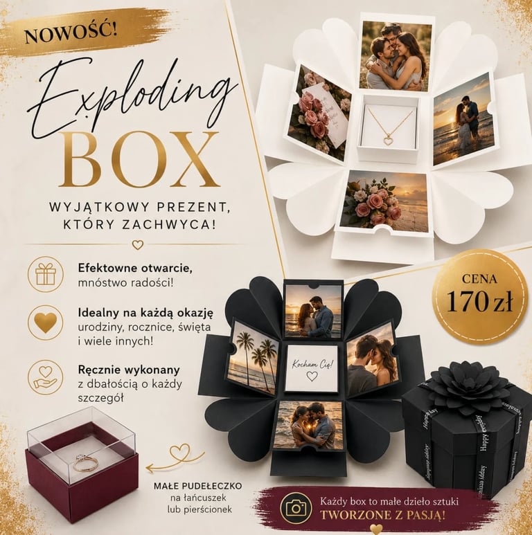 Product advertisement for Exploding Box gift set featuring photo frames, decorative petals, black gift box, priced at 170 PLN