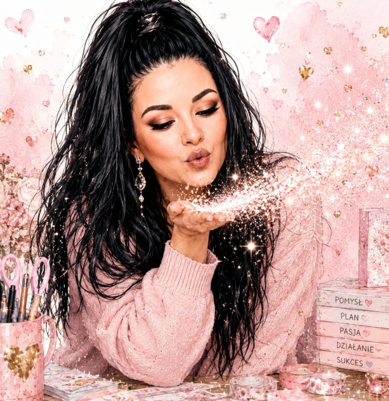 Woman with long black hair blowing pink glitter kiss against sparkly pink background with heart decorations