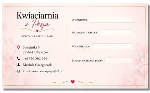Florist business voucher card for Kwiaciarnia z Pasja with contact details and blank fields for purchase and validity information