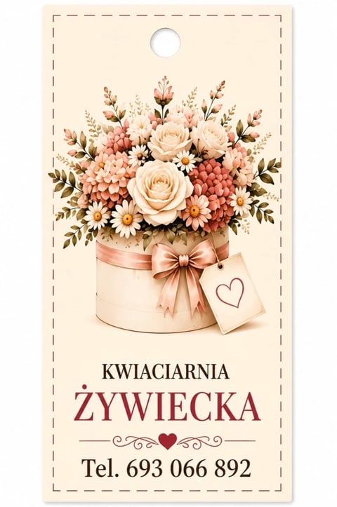 Flower shop business card featuring peach-colored roses and daisies in a gift box with pink ribbon bow and contact details