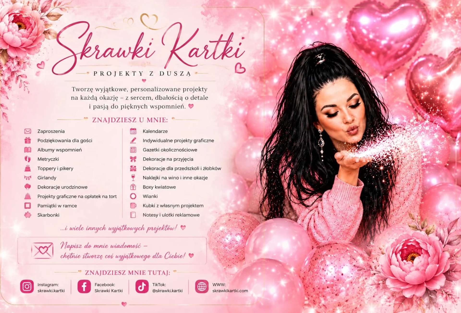 Woman with black hair in pink flower-themed graphic with decorative elements and text for Skrawki Kartki services
