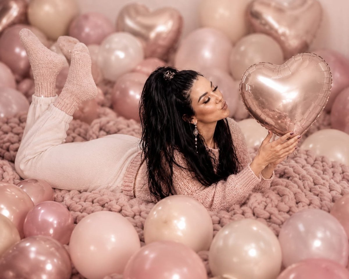 Woman with long black hair lying in pink balloons and pillows, holding a heart-shaped balloon