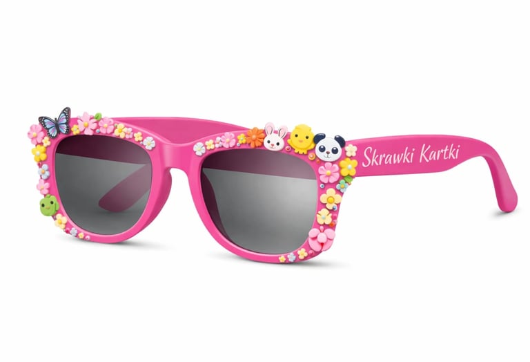 Bright pink childrens sunglasses with kawaii character decorations on the frames and Skrawki Kartki branding on the arm