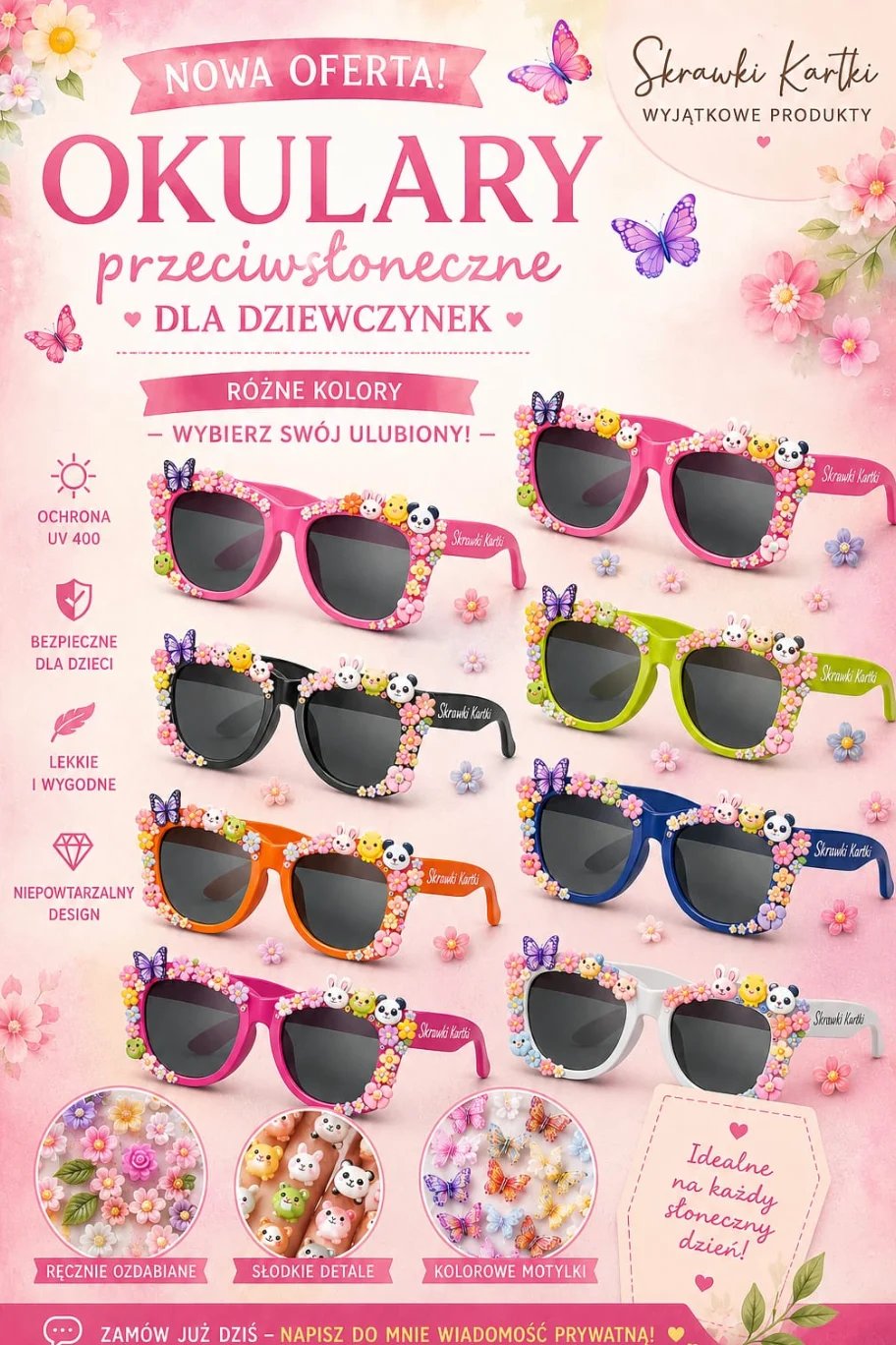 Colorful childrens sunglasses collection with floral and butterfly designs in various colors, arranged on pink background with flowers