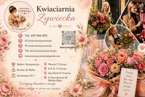 Floral florist shop business card for Kwiaciarnia Zywiecka with pink roses, contact details and location information