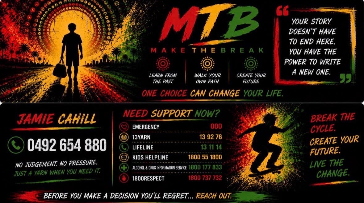 MTB support poster featuring silhouette of person with surfboard against explosion of fire and gold, with contact number and crisis helpline resources