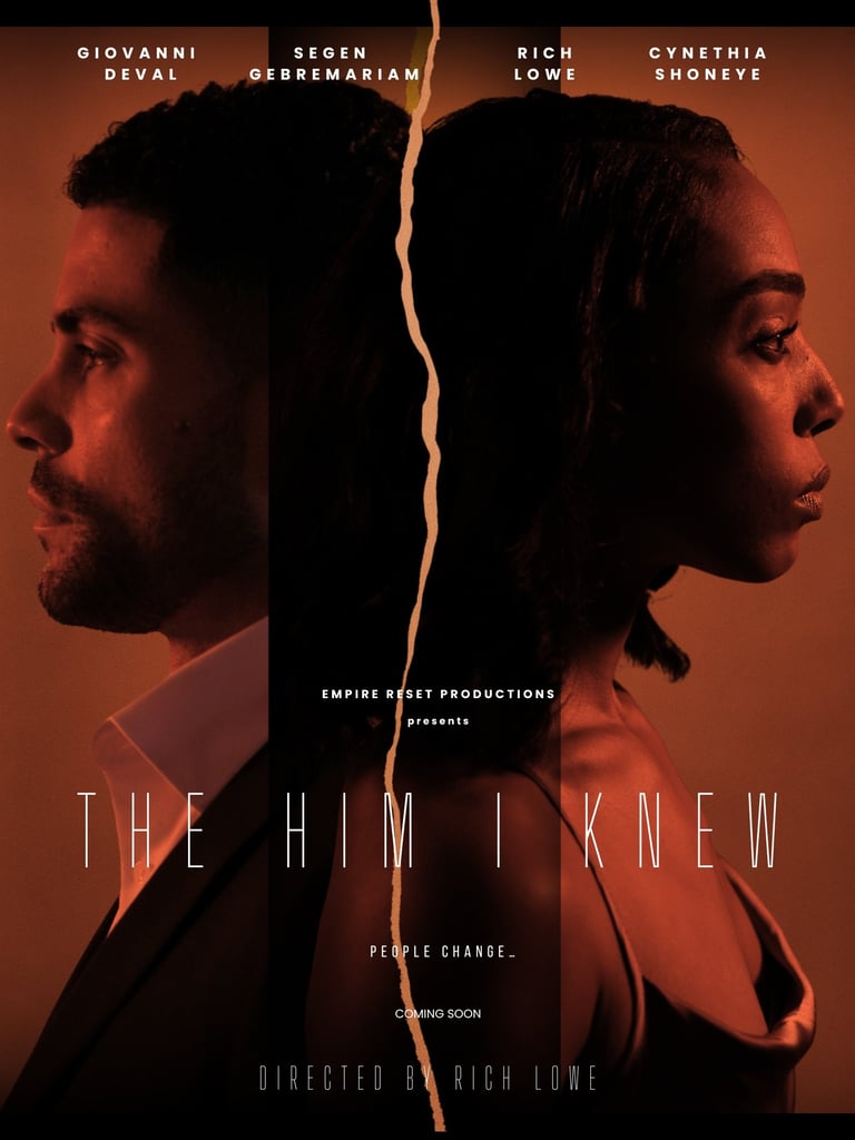 Movie poster for The Him I Knew featuring two silhouetted profile faces against an orange gradient background with cast names and Coming Soon text