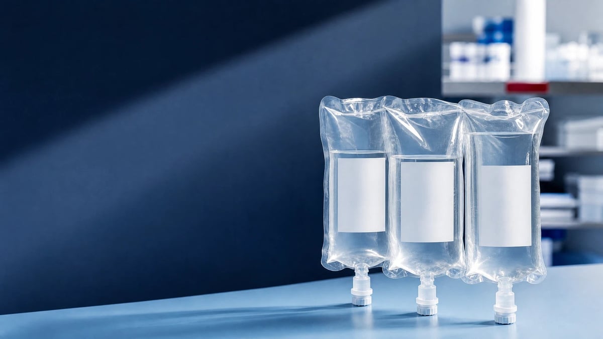 Three clear IV saline bags on stands in a medical laboratory
