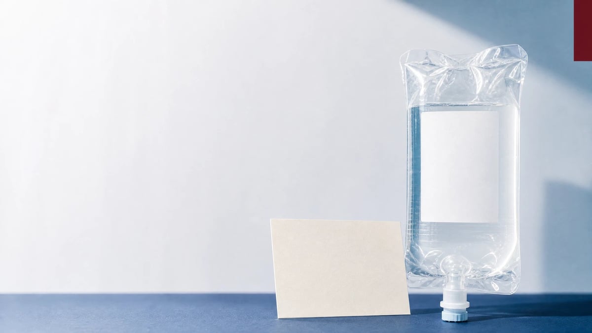 Clear IV bag with a blank white card for sample communication