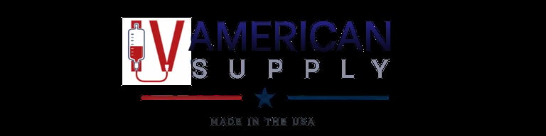 American IV Supply — red IV bag icon with American Supply lettering in red and blue on a black background