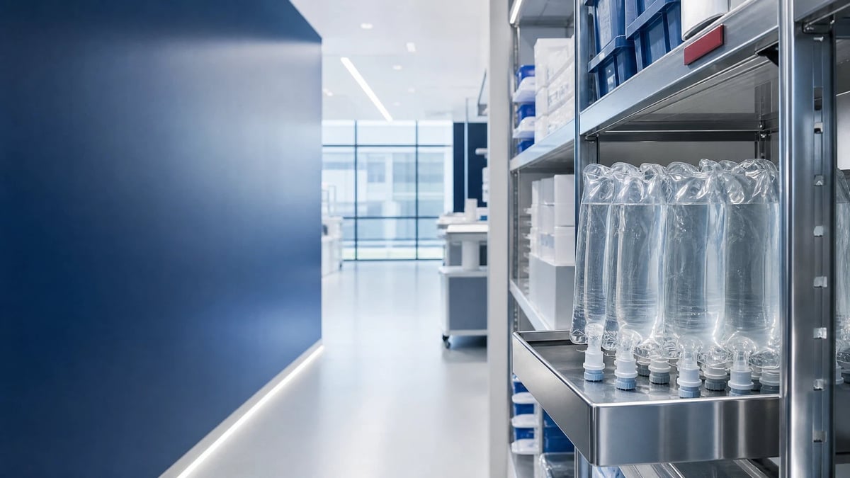 Modern medical facility with clear IV bags stored on stainless steel shelves