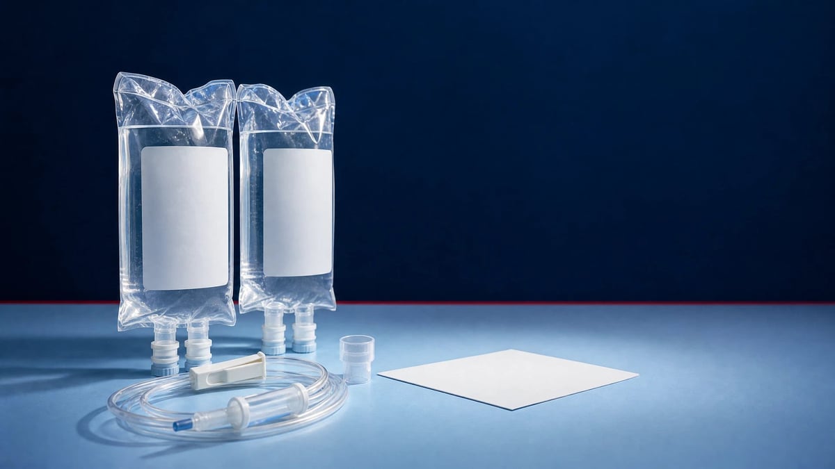 Two clear IV fluid bags with tubing on a blue surface