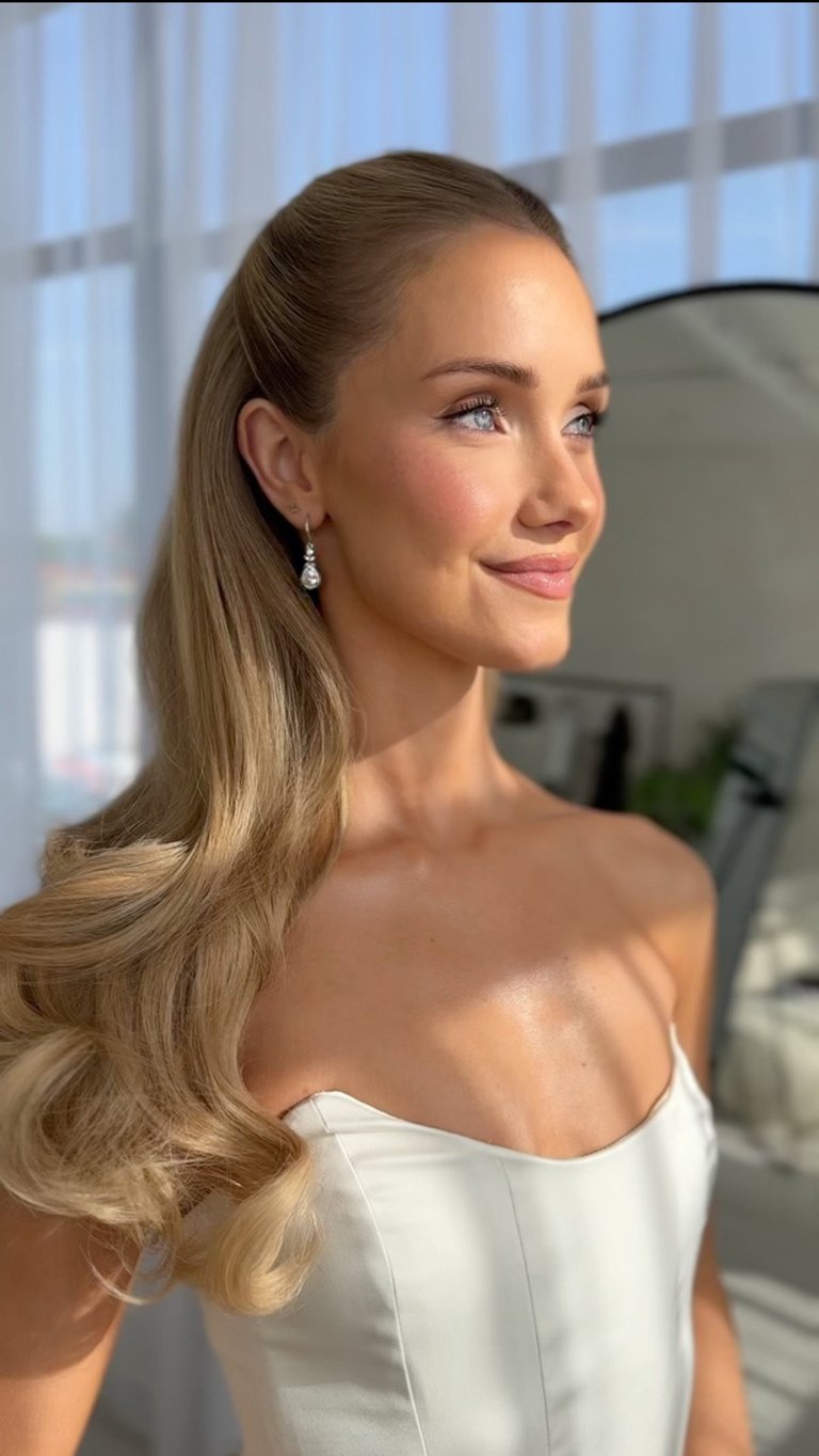 Woman with long blonde hair wearing white off-shoulder top and drop earrings, posing indoors near a mirror