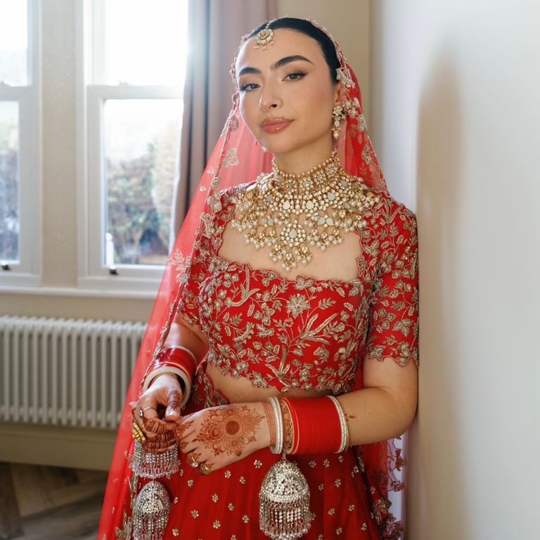 Woman in traditional red and gold bridal attire with ornate jewelry, henna, and pink dupatta standing by a window