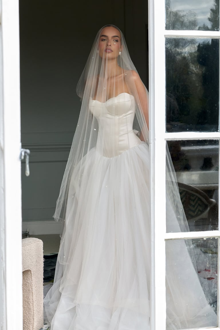 Woman wearing a white strapless wedding gown with a flowing skirt and long sheer veil, standing in a doorway with mountains visible outside