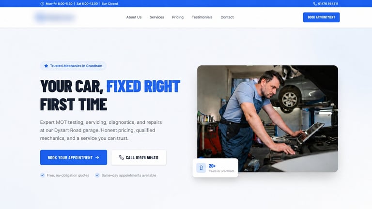 Auto repair website hero section with mechanic working on car engine and text promoting MOT testing and vehicle repairs