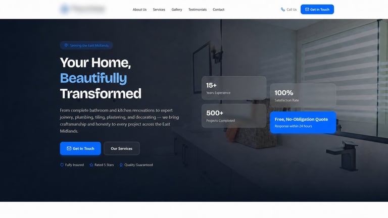 Home renovation website hero section showing modern interior with kitchen and text Your Home, Beautifully Transformed