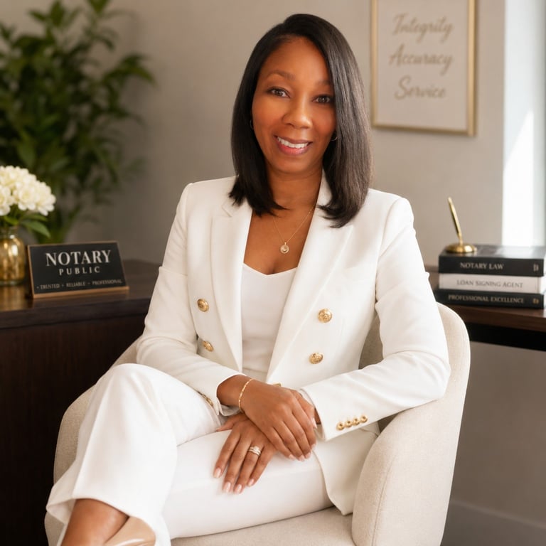 Professional woman in white blazer suit smiling at camera in notary office with desk, plants, and framed certificates