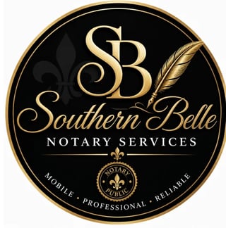 Southern Belle Notary Services logo with gold lettering, feather icon, and tagline Mobile Professional Reliable on black circular background