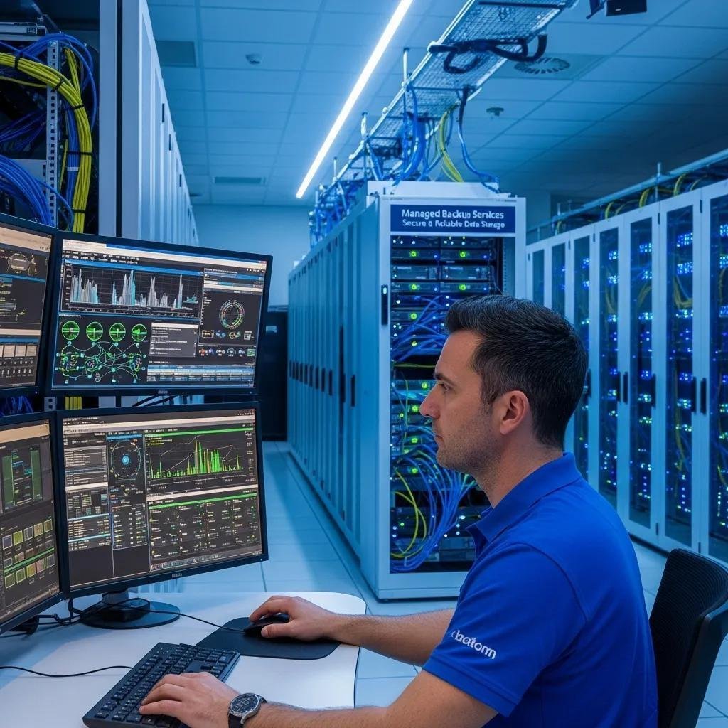 IT technician in a blue uniform monitoring servers and network systems on dual displays in a data centre with server racks