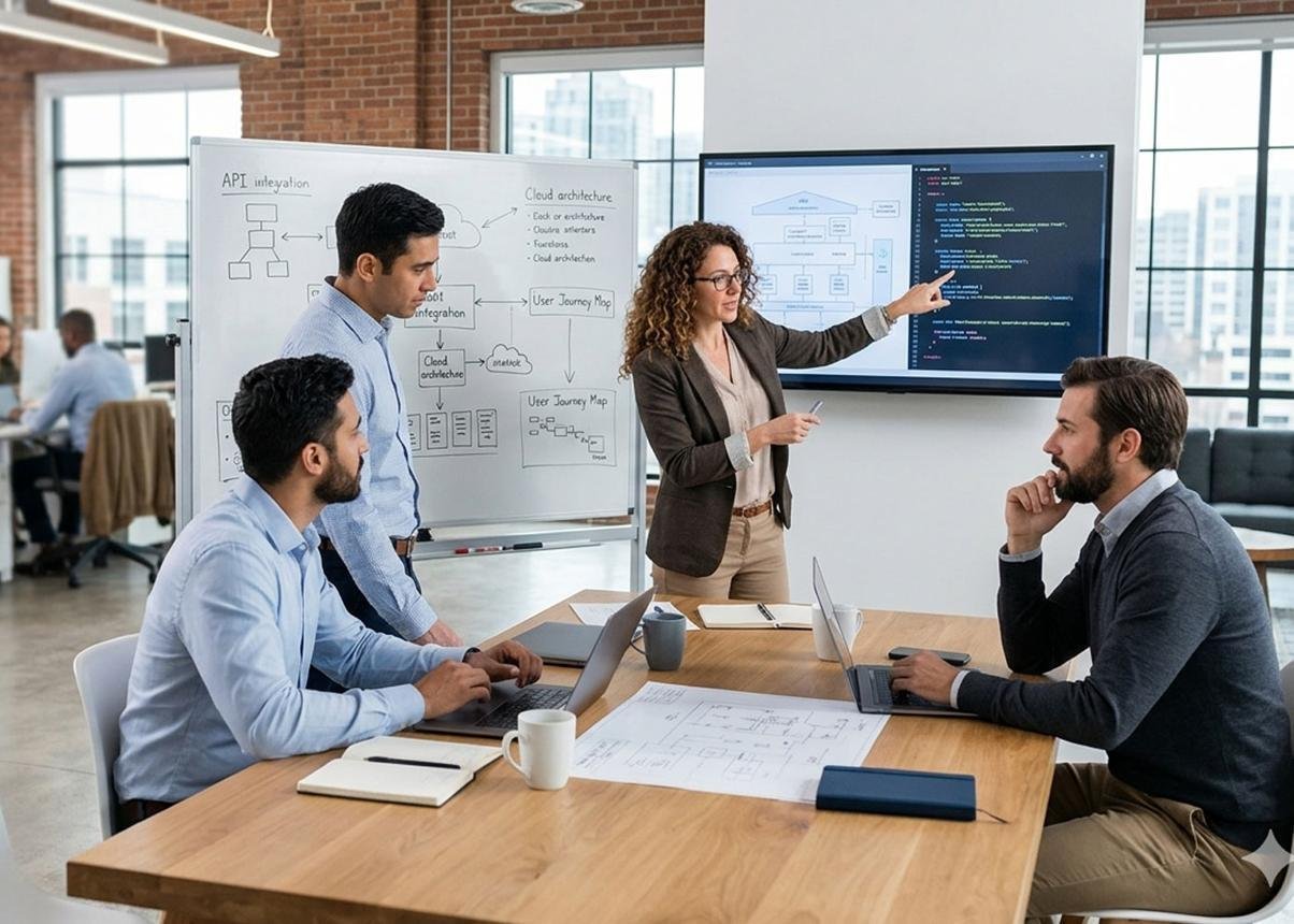 Software development team collaborating in a modern office, with a woman pointing at code on a monitor while colleagues discuss at a wooden table