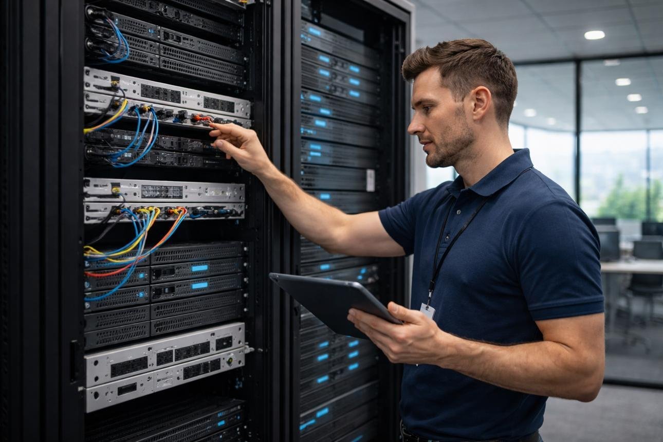 IT technician in a dark shirt working on a server rack with cables and equipment while holding a tablet