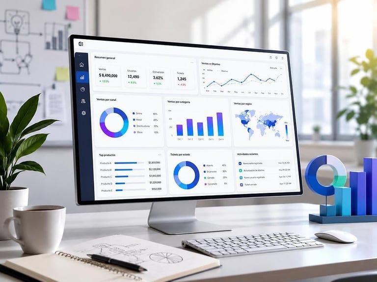 Desktop workspace with a monitor displaying a business analytics dashboard featuring charts, graphs and data visualisations in blue