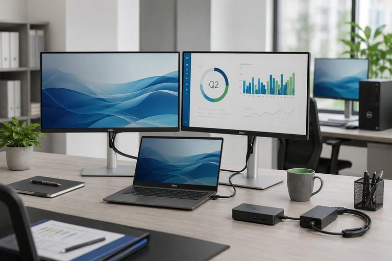 Modern office desk setup with laptop connected to dual monitors displaying blue graphics and data charts, surrounded by office supplies and workspace accessories
