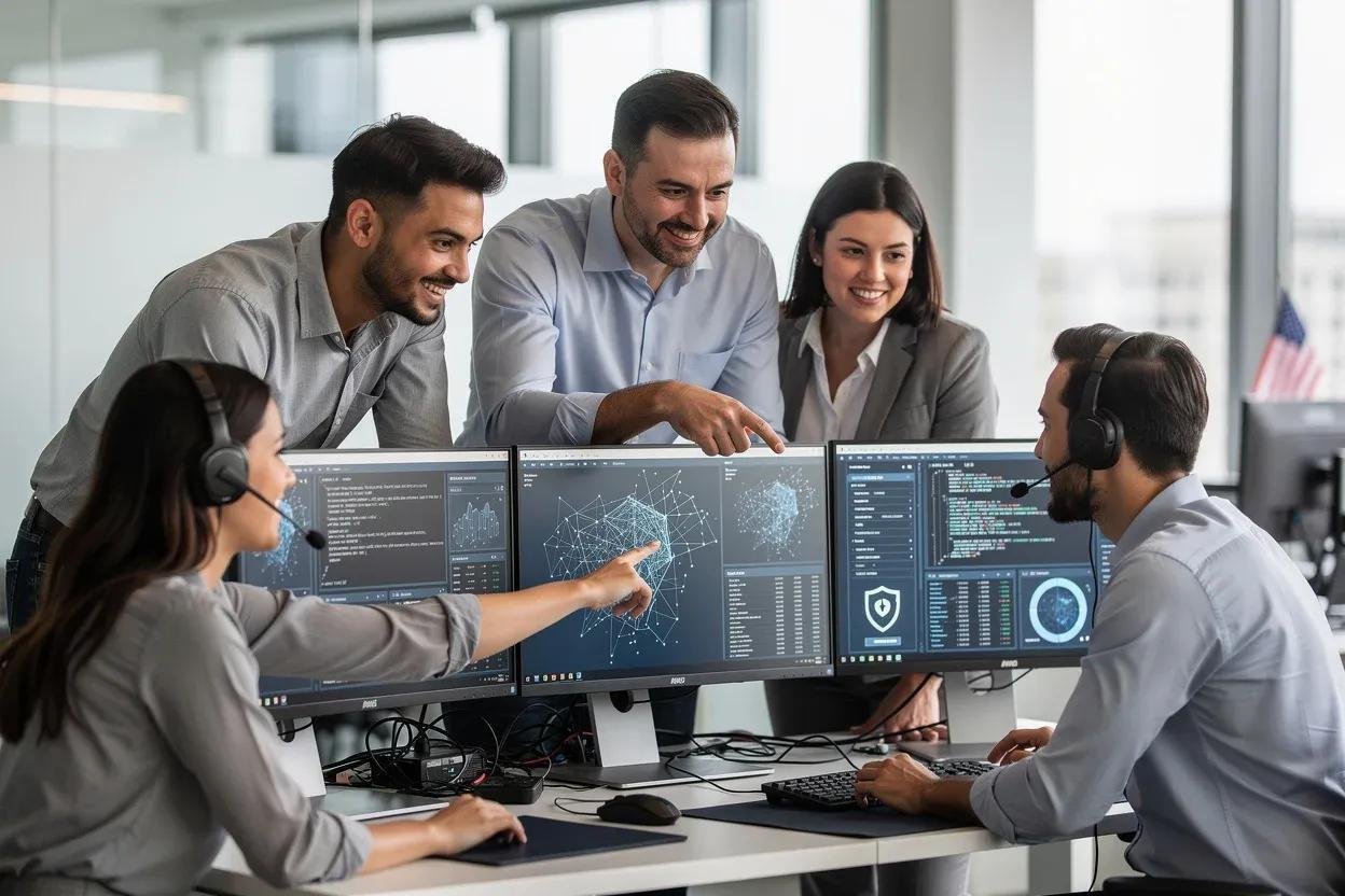 A diverse team of five professionals collaborating around multiple computer monitors displaying data analytics and security dashboards in a modern office