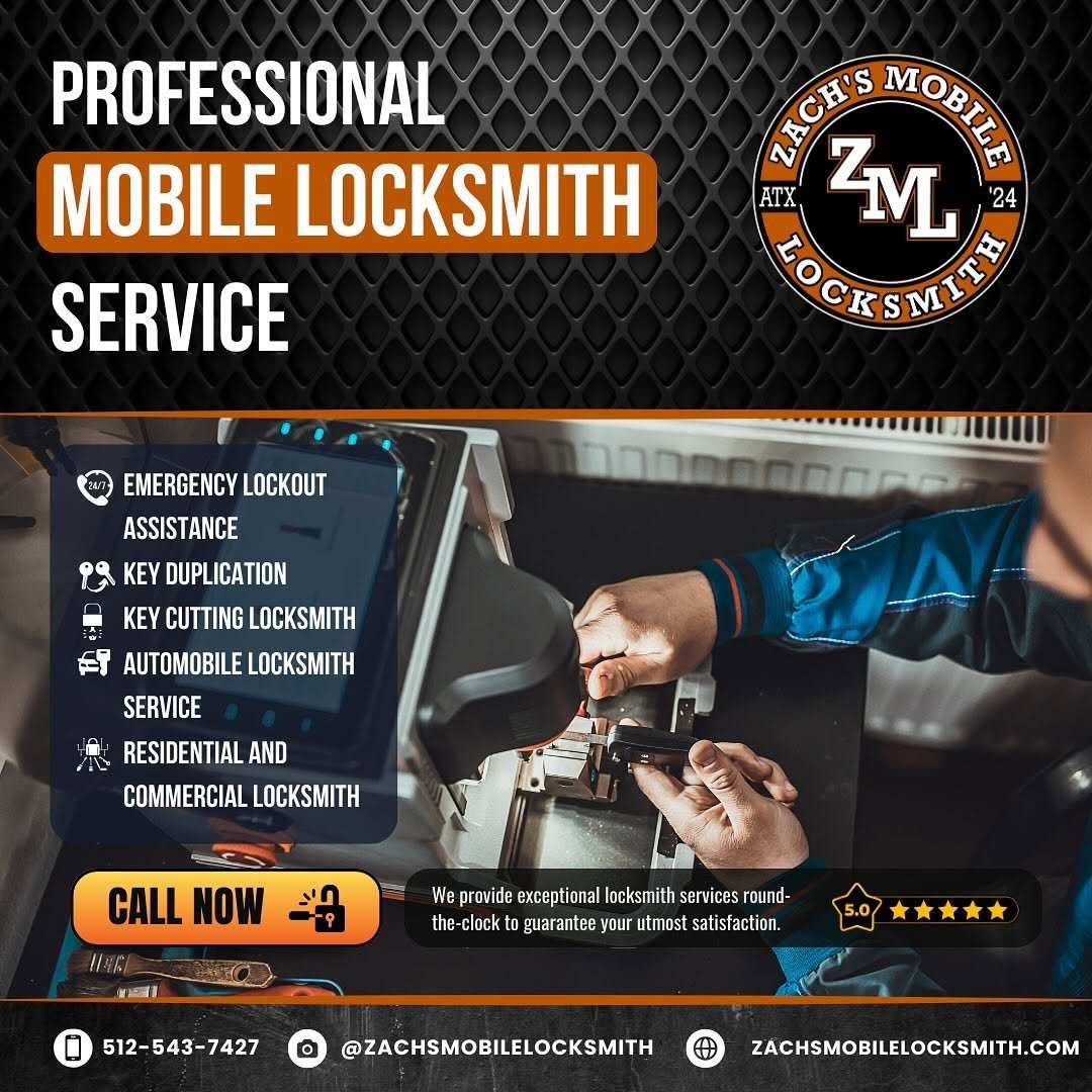 Zach's Mobile Locksmith professional service flyer featuring locksmith working on a car lock with contact details and service list