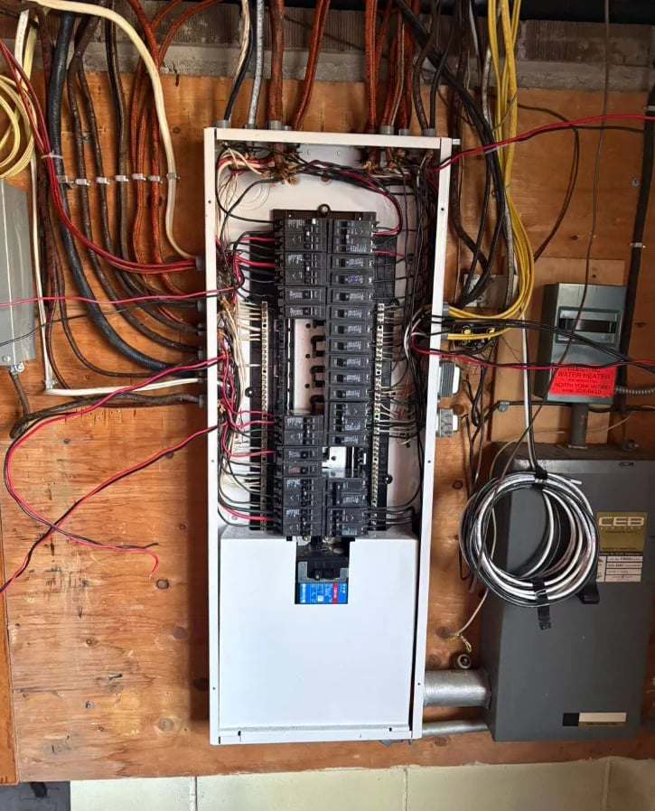 Open electrical panel box mounted on wooden surface with wiring, circuit breakers, and power connections visible