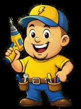 Cartoon electrician character with yellow shirt and blue cap holding a power drill, smiling with tool belt