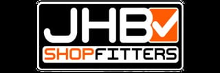 JHB Shop Fitters logo with white text, orange checkmark, and black background