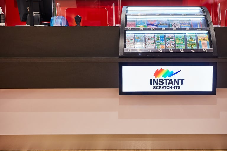 JHB Shopfitters custom shop fitting: Instant Scratch-Its lottery display counter with refrigerated cases and brand signage, built in Pakenham VIC
