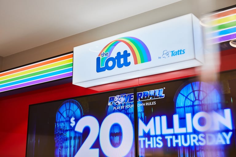 JHB Shopfitters custom joinery: Lott lottery retailer rainbow sign and display cabinetry built at our Pakenham VIC factory