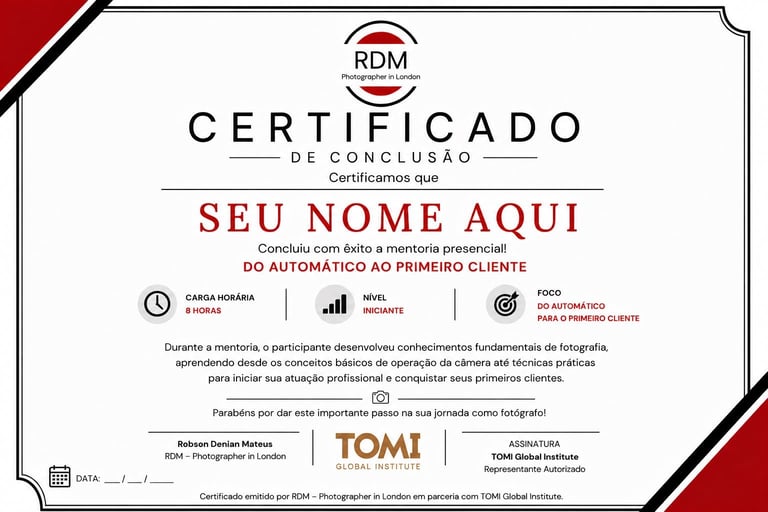 RDM certificate of completion template with red and black design elements, Portuguese text, and space for recipient name