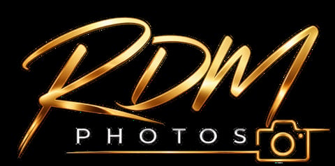 RDM Photos logo with gold script lettering and camera icon on black background