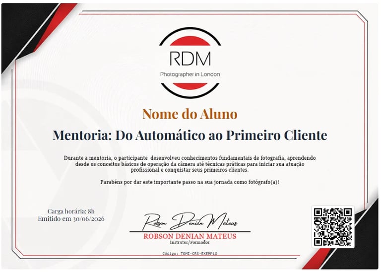 RDM Photography certificate of achievement in Portuguese with red and black design elements and QR code